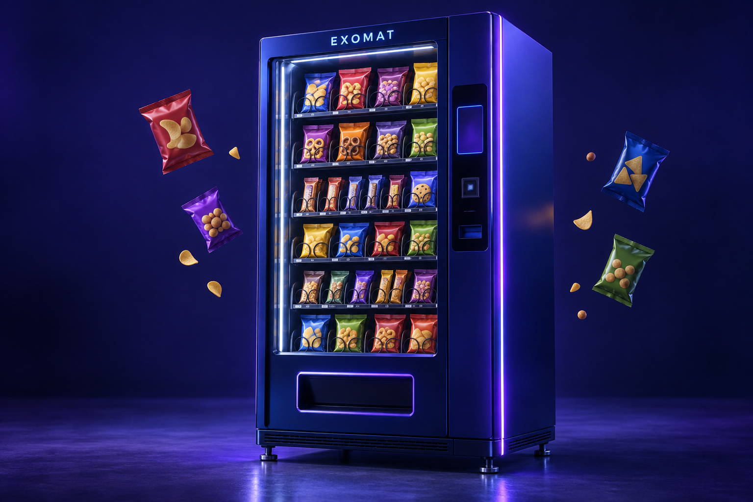Blau-violettes Exomat-Automatenkonzept mit schwebenden Snackpackungen